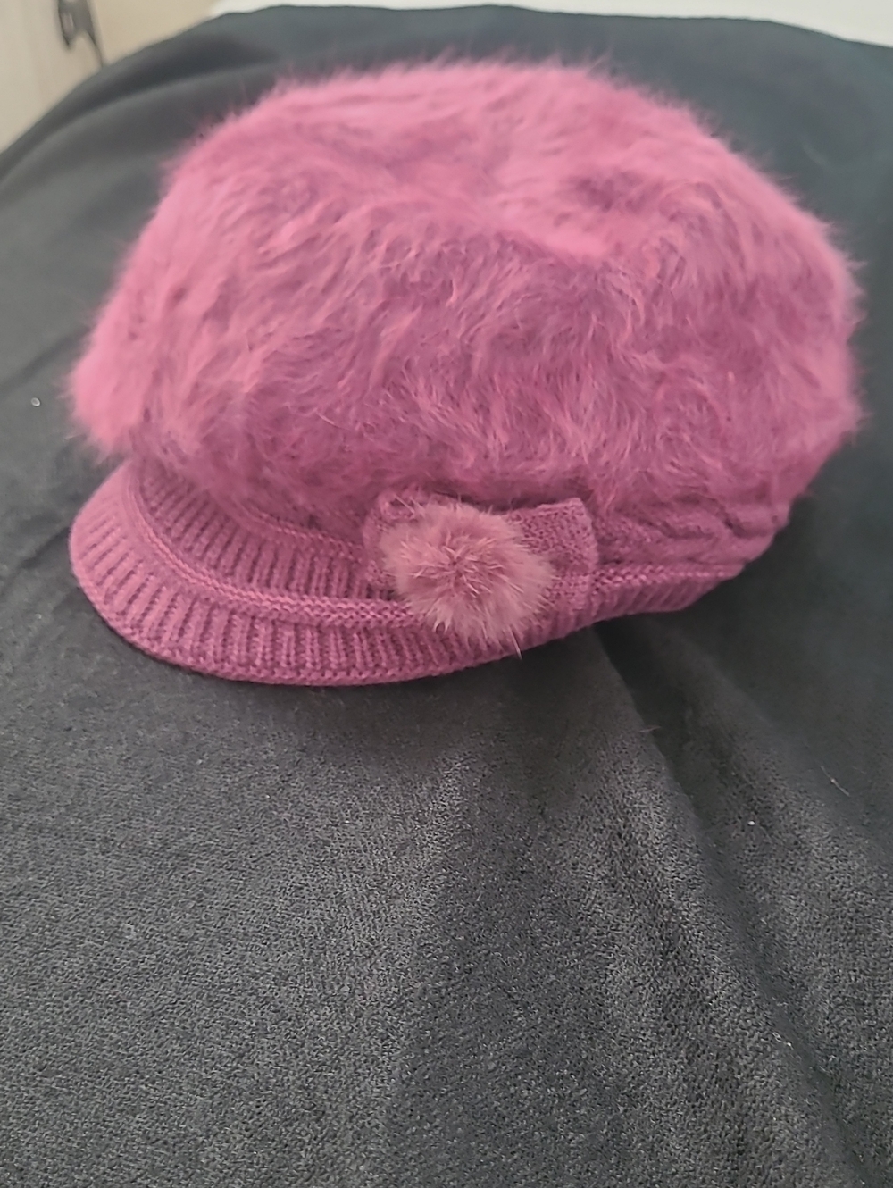 Women’s Beret Hat Angora Pom Pom Beanie - Purple - Picture 3 of 8